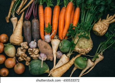 Root crops, carrots, parsley root, turnip, onion, garlic, Jerusalem artichoke, horseradish. Root crops background. Food background - Shutterstock ID 650533372