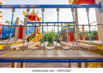 Rope Bridge On Kids Playground. WIde Angle Shot