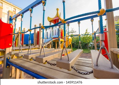 Rope Bridge On Kids Playground. WIde Angle Shot