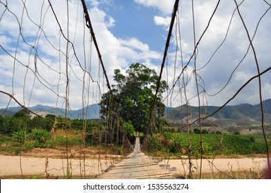 Rope Bridge In Vietnam, With A Big Tree And Sky