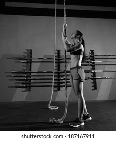 Rope Climb Exercise Woman Workout At Gym Climbing