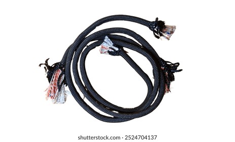 rope for climbing equipment on a white background. For climbers, a sturdy rope for climbing is essential. Whether scaling a gym wall or climbing a rugged cliff, it boosts fitness and safety. - Powered by Shutterstock