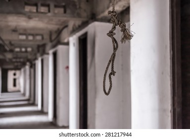 Rope for commit suicide Inside of old abandoned building. (focus at rope)