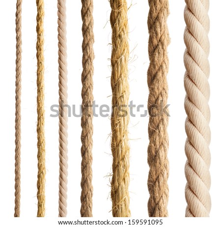 Rope isolated. Collection of different hemp ropes on white background.