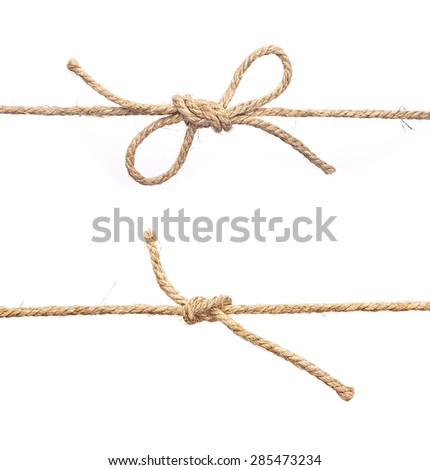Rope with knot, with knot and bowknot, isolated on white.