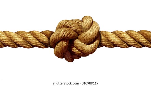 Rope knot isolated on a white background as a strong nautical marine line tied together as a symbol for trust and faith and a metaphor for strength or stress.