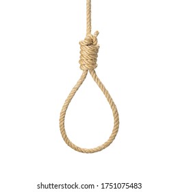 Rope Noose For Hangman, Suicide Made Of Natural Fiber Rope Isolate On White Background. Hemp Rope Noose For Homicide Or Commit Suicide Concept. Hang Rope Knot For Gallows And Hang Mans Real 