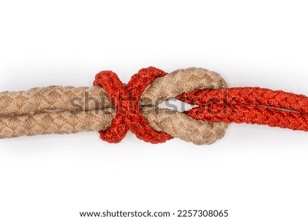 Rope simple Simon under bend intended to joining two ropes of different diameter or slippery synthetic ropes, view close-up on a white background