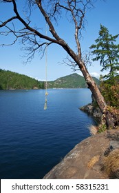 Rope Swing At Powell Lake, British Columbia