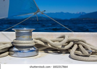 A Rope Wrapped Around A Sailboat Winch For The Jib Sheet While Sailing In British-Columbia, Canada, In The Georgia Straight On A Windy Day