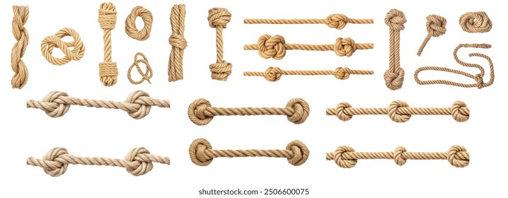 Ropes with different knots isolated on white. A detailed collection showcasing different types of rope knots, each meticulously tied and arranged.