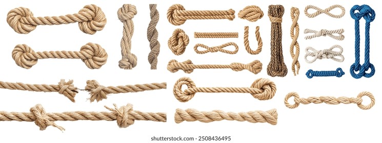 Ropes with different knots isolated on white. A detailed collection showcasing different types of rope knots, each meticulously tied and arranged.