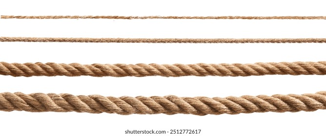 Ropes of different thickness isolated on white, set