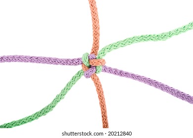 Ropes tied in knot isolated on white illustrating concepts of complex relationship, protection, strength
