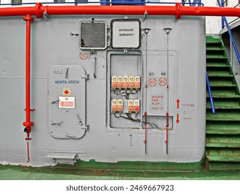 Ro-Ro ship. The various constructions, anchoring and mooring equipment  and systems on the upper and inner decks of the sea vessel. 