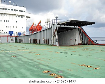 Ro-Ro ship. The various constructions, anchoring and mooring equipment  and systems on the upper and inner decks of the sea vessel. 