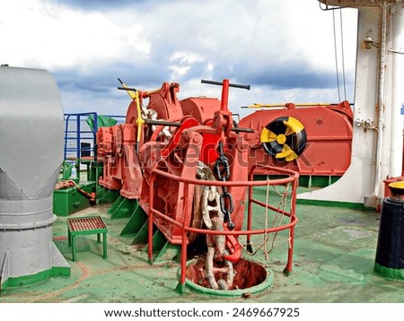 Ro-Ro ship. The various constructions, anchoring and mooring equipment  and systems on the upper and inner decks of the sea vessel. 