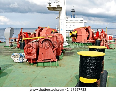 Ro-Ro ship. The various constructions, anchoring and mooring equipment  and systems on the upper and inner decks of the sea vessel. 