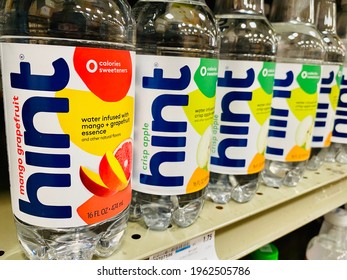 Ros, CA - April 25, 2021: Hint Fruit Flavor Infused Water On Supermarket Shelves.