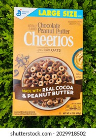 Ros, CA - August 20, 2021: Closeup Of Chocolate Peanut Butter Flavored Cheerios Breakfast Cereal Box.