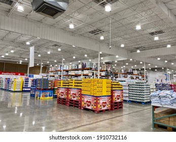 Ros, CA - February 5, 2021: Clean interior of Costco Warehouse with no customers in view. 