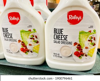 Ros, CA - January 19, 2021: Bottles Of Blue Cheese Salad Dressing On Supermarket Shelf.