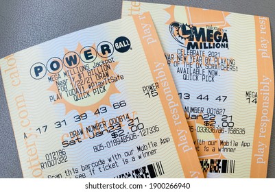 Ros, CA - January 21, 2021: Power Ball And Mega Millions Lottery Tickets Closeup.