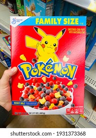 Ros, CA - March 6, 2021: Box Of General Mills Brand Family Size Breakfast Cereal With Pokemon Pikachu On The Front Cover. 