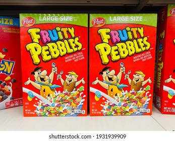 Ros, CA - March 6, 2021: Large Size Boxes Of Fruity Pebbles Breakfast Cereal By Post Company On Store Shelf. ￼