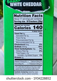 Ros, CA - March 6, 2021: Nutrition Facts On Side Of A Cheez It Crackers Box. 