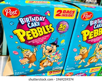 Ros, CA - May 5, 2021: Large Boxes Of Post Brand Birthday Cake Flavored Pebbles Rice Cereal. 