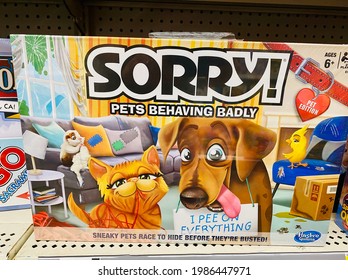 Ros, CA - May 5, 2021: Sorry Boardgame, Pet Edition New Box On Market Shelf. 