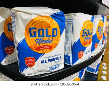 Ros, CA - November 16, 2020: Gold Medal All Purpose White Flour On Supermarket Shelf.