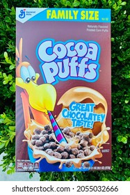 Ros, CA - September 28, 2021: Family Size Box Of Cocoa Puffs Dry Breakfast Cereal By General Mills.