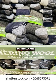 Ros, CA - September 30, 2021: Kirkland Brand Of Merino Wool Warm Winter Socks In Packs Inside A Costco Warehouse.