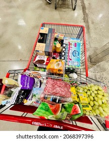 Ros, CA - September 30, 2021: Wide View Of Full Costco Shopping Cart At Checkout Stand, Top Down View.