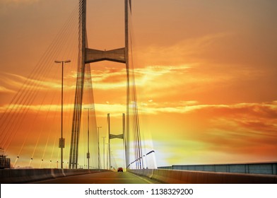 Rosario - Victoria Bridge Over Parana River At Dusk In Rosario City, Argentina  