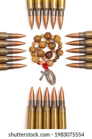 Rosary Surrounded By Bullets Religious Persecution Concept.