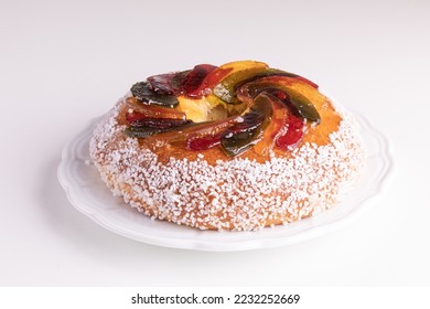 Rosca de reyes, king cake, glazed fruit, Provencal Galette des rois for the Epiphany on white background - Shutterstock ID 2232252669