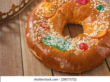 Roscon de reyes (Three kings cake). It is a traditional Spanish holiday dessert served the morning of "Reyes" (King'??s Day), or Epiphany (January 6th)