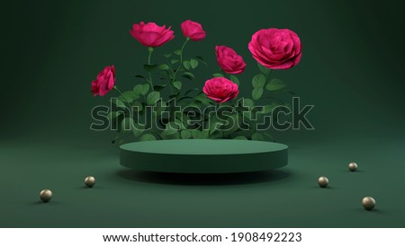Rose 3D rendering flower background pink color with geometric shape podium for product display, minimal concept, Premium illustration pastel floral elements, beauty, cosmetic.