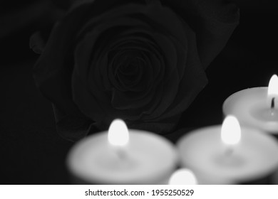 Rose In Black,candles,  White, Obituary Notice, Sad Occasion