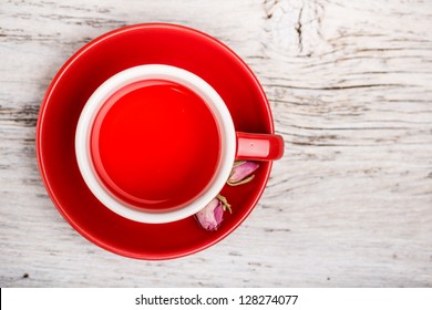 Rose Bud Tea In Red Cup, Above Shot