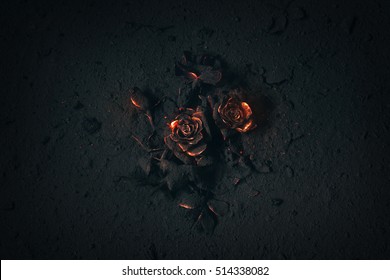 A rose buried in ashes with glowing embers.
