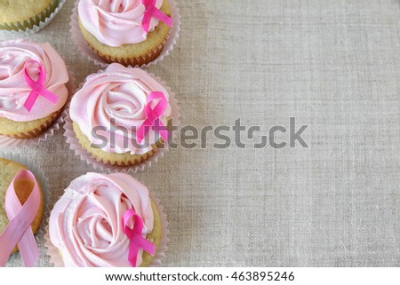 Rose flower cupcakes for pink ribbon day, copy space background, Breast cancer awareness