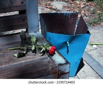 A Rose Flower On A Bench Next To A Trash Can. A Symbol Of Unhappy Love.