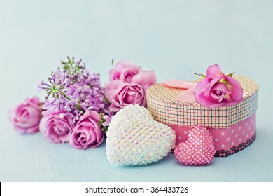 Rose Flowers, Gift Box And Two Crystals Heart For A Valentine's Day Or Wedding Day .