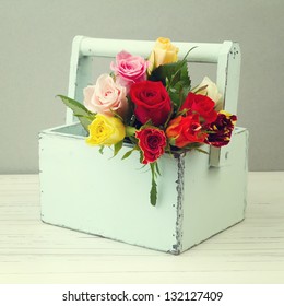 Rose Flowers In Wooden Box