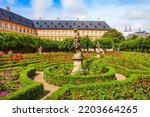 Rose garden near New Residence building at Domplatz square in Bamberg old town. Bamberg is a city on the river Regnitz in Upper Franconia, Bavaria in Germany.