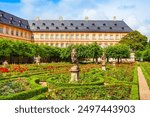 Rose garden near New Residence building at Domplatz square in Bamberg old town. Bamberg is a city on the river Regnitz in Upper Franconia, Bavaria in Germany.